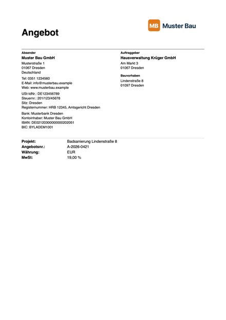 Erste Seite eines Angebots-PDF aus GAEB Pro mit Logo, Anschrift, Angebotsnummer und Anschreiben