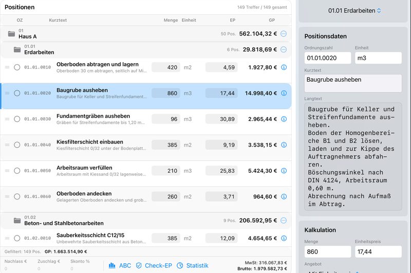 Position in GAEB Pro auf dem iPad: Liste mit Ordnungszahlen und Kurztexten, rechts die gewählte Position mit Ordnungszahl, Einheit, Kurztext und Langtext