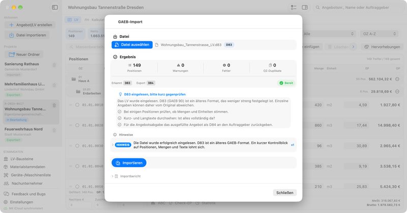 GAEB-Import in GAEB Pro auf dem Mac: eine D83 mit 149 Positionen, ohne Warnungen und Fehler, erkannt als D83, Rückgabe als D84, mit Hinweisen zum Gegenprüfen